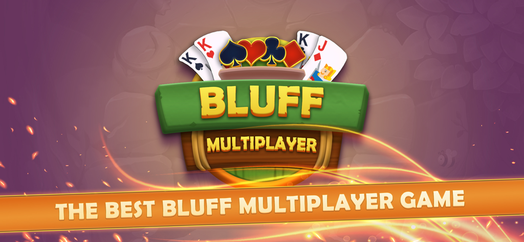 Bluff Multiplayer card game promotional banner featuring the game logo and playing cards.