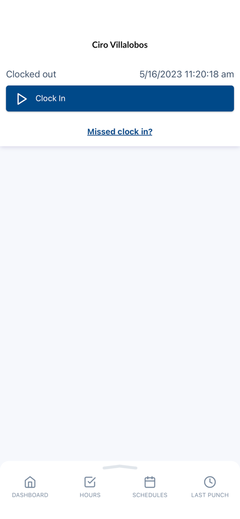 O painel do aplicativo TimeClock Plus exibindo um botão azul Registrar Ponto e o status atual do usuário