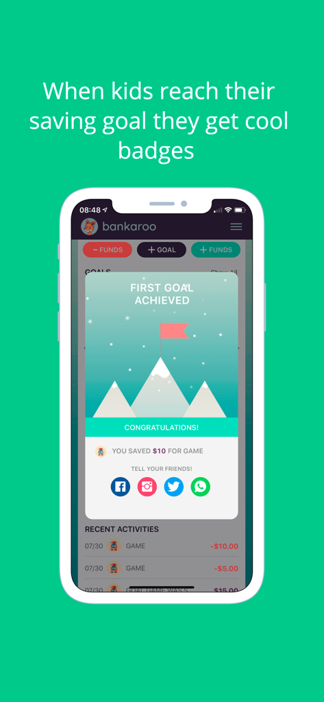 bankaroo virtual bank for kids - A screenshot of the Bankaroo app showing a First Goal Achieved pop-up with a mountain illustration and a social sharing option.