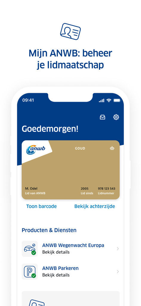 Digital membership card and account services screen in the ANWB Onderweg app.
