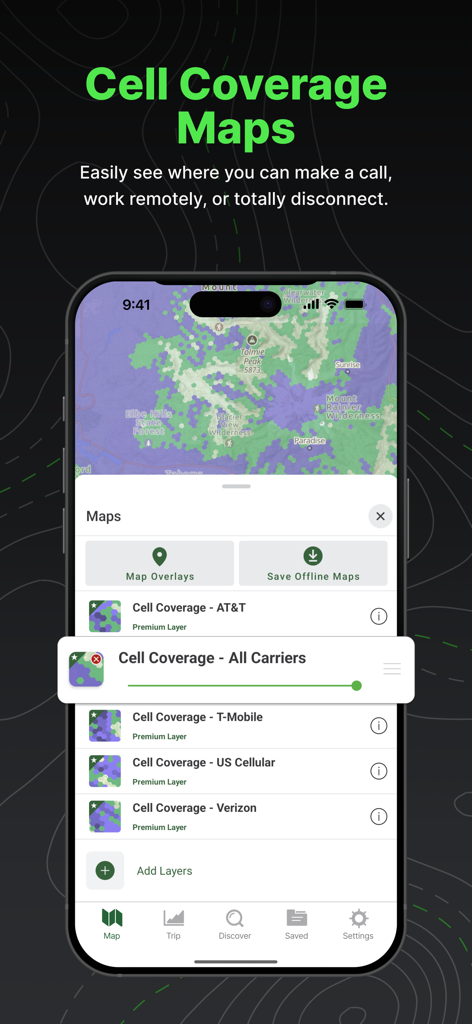 Gaia GPS app screen showing cell coverage map overlays for various US carriers on a topographic map