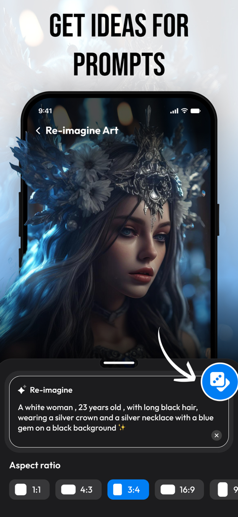 AI Art Generator & Editor - Artly AI app screen showing a text prompt for a fantasy portrait and aspect ratio selection