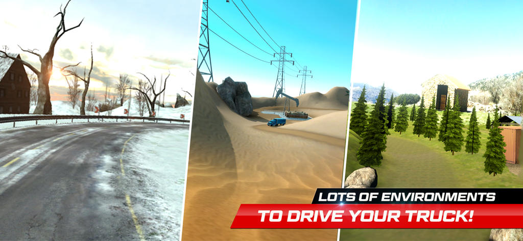 Cargo Dump Truck Driving Pro - Collage showing different truck driving environments including snow desert and forest