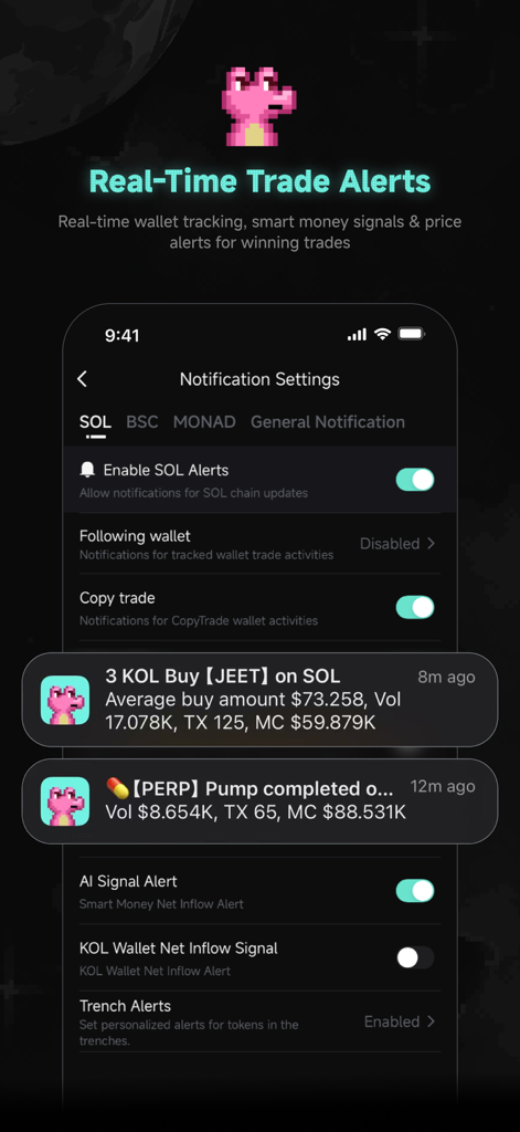GMGN - Meme Track - Interface do aplicativo GMGN mostrando configurações de notificação para alertas de negociação em tempo real e sinais de dinheiro inteligente na Solana