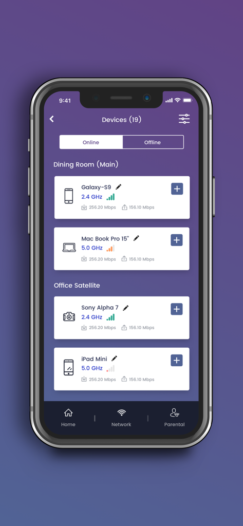 Interfaz de la aplicación SURFboard Central mostrando una lista de dispositivos en línea conectados con intensidad de señal y métricas de velocidad.