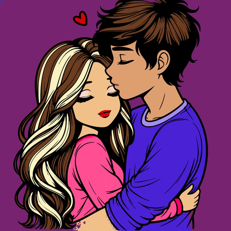 a realistic couple boy and girl hugging and kissing