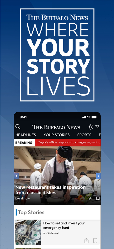 The Buffalo News App - The Buffalo News mobile app home screen showing headlines and local stories.