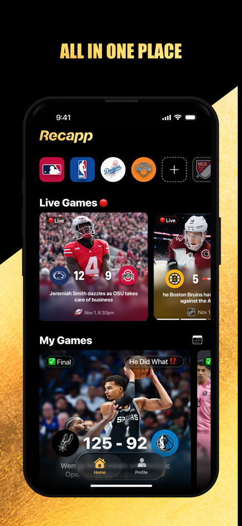 The home screen of Recapp Sports Highlights showing live game scores and highlights