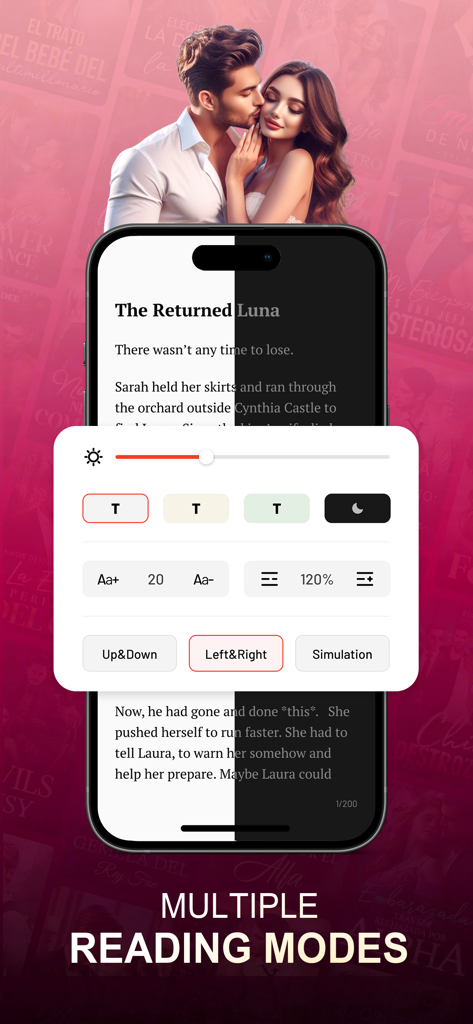 Mobile screen of NovelaGo app showing multiple reading customization settings for a romance story.