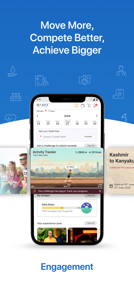 Habit Health - Habit Healthアプリ画面。アクティビティトラッキング、ステップチャレンジ、法人向けウェルネスのためのApple Health連携を表示。