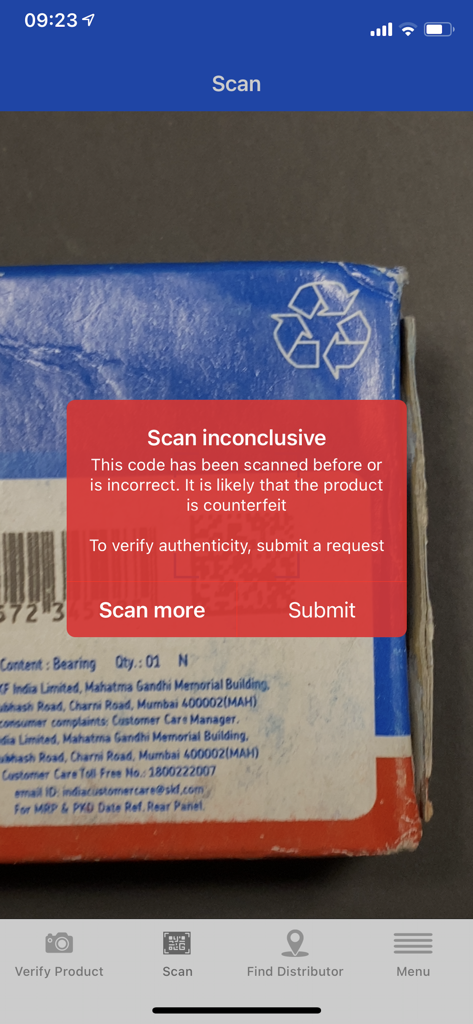 SKF Authenticate - SKF Authenticate app displaying a scan inconclusive warning on a product package