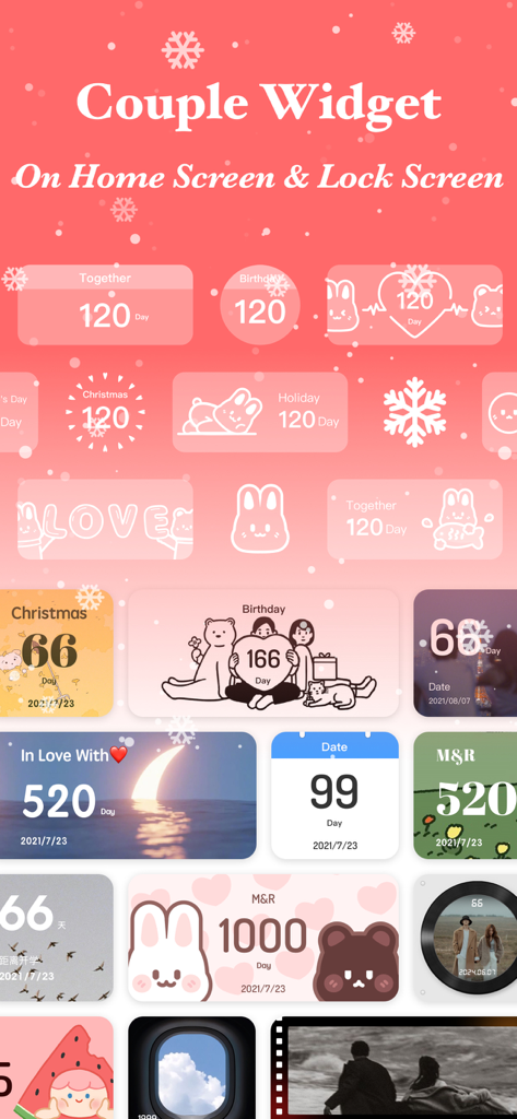 A collection of cute and customizable couple widgets for iOS home and lock screens showing relationship day counters and aesthetic illustrations.