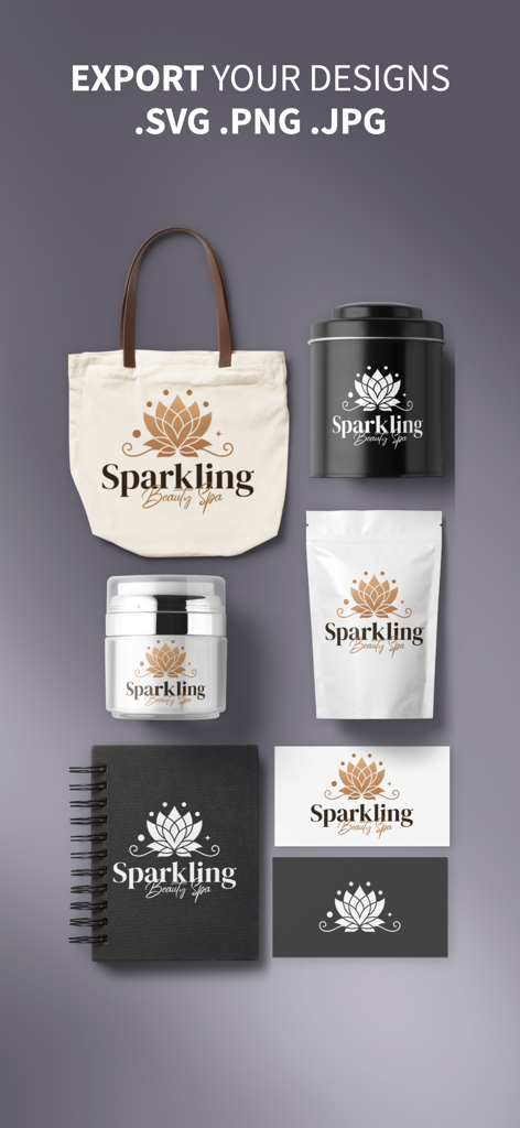 Une collection de maquettes de marque comprenant un sac fourre-tout, un emballage de produit et des cartes de visite montrant un design de logo personnalisé et des options de format d'exportation