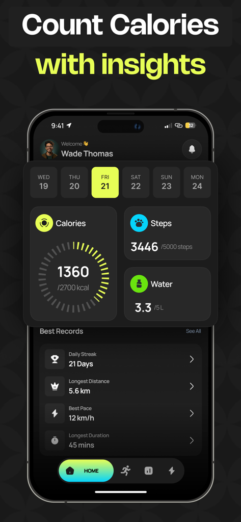 Fitracker Pro app dashboard showing daily calories steps and water intake stats