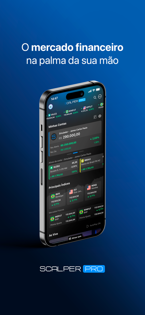 Dashboard do aplicativo móvel Scalper Pro exibindo dados de mercado de ações e futuros em tempo real em um iPhone