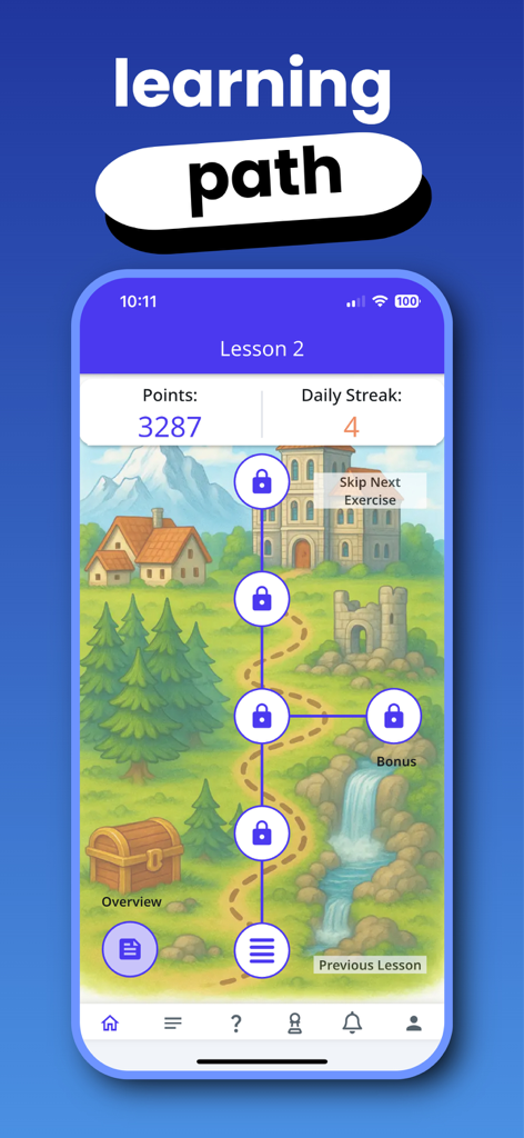 World Schoolbooks Languages - A mobile app interface for World Schoolbooks Languages showing a gamified learning path with lessons and points