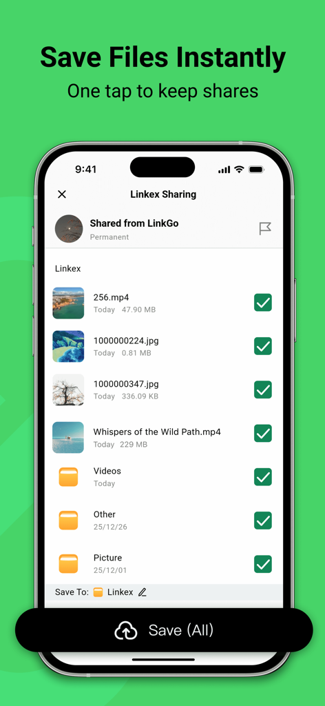 Linkex - Secure Cloud Storage - Interface of Linkex app allowing users to manually select and save files and folders instantly