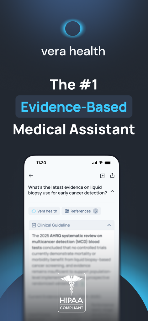 Vera—Medical AI for Clinicians - Screenshot of the Vera Health medical AI app showing clinical guidelines and HIPAA compliance badge.