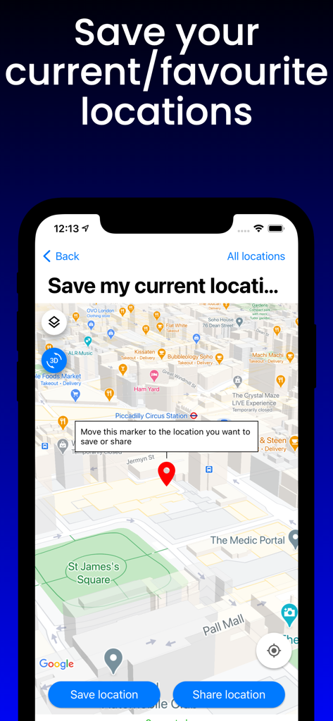 A 3D map view in the Tracker 8 app showing buttons to save and share a current location.