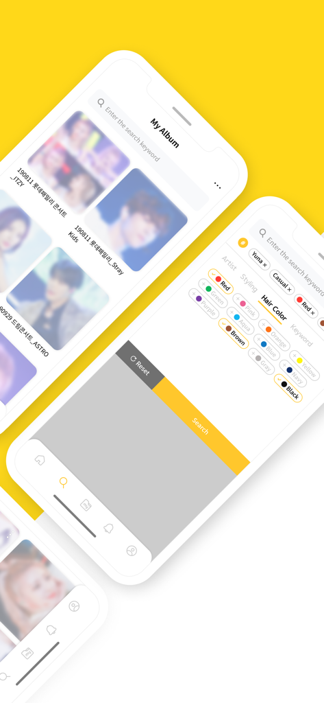 Schermate dell'app mobile Vibrary che mostrano una galleria di foto K-pop e filtri di ricerca avanzati per lo styling e il colore dei capelli degli artisti.