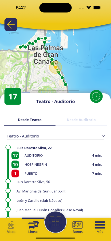 GuaguasLPA - Aplicación GuaguasLPA mostrando un mapa de ruta de autobús y las llegadas en tiempo real a las paradas en Las Palmas