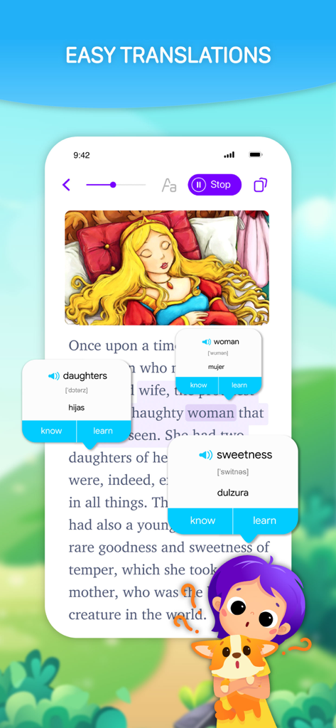 EWA Kids 앱이 대화형 어린이 도서에서 쉬운 영어-스페인어 번역을 보여주고 있음