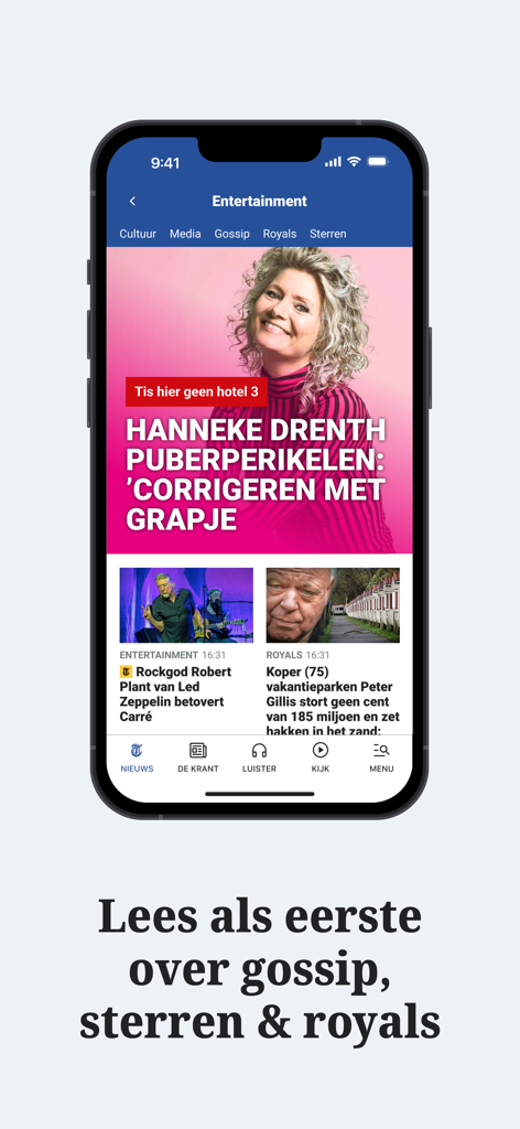 Pantalla de smartphone de la aplicación de noticias De Telegraaf que muestra la sección de entretenimiento con chismes y noticias de celebridades