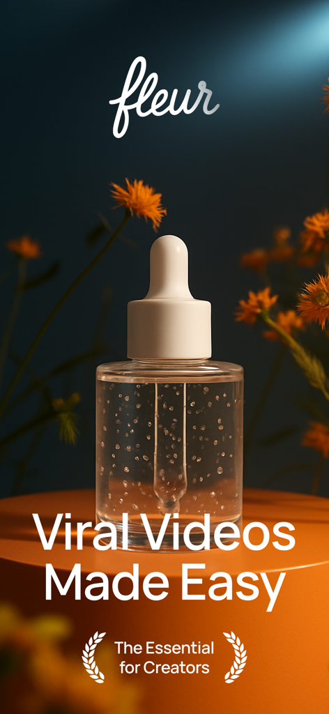 Fleur - AI Video Generator - Pantalla promocional del generador de vídeo con IA Fleur que muestra un producto de cuidado de la piel con un eslogan de vídeo viral para creadores