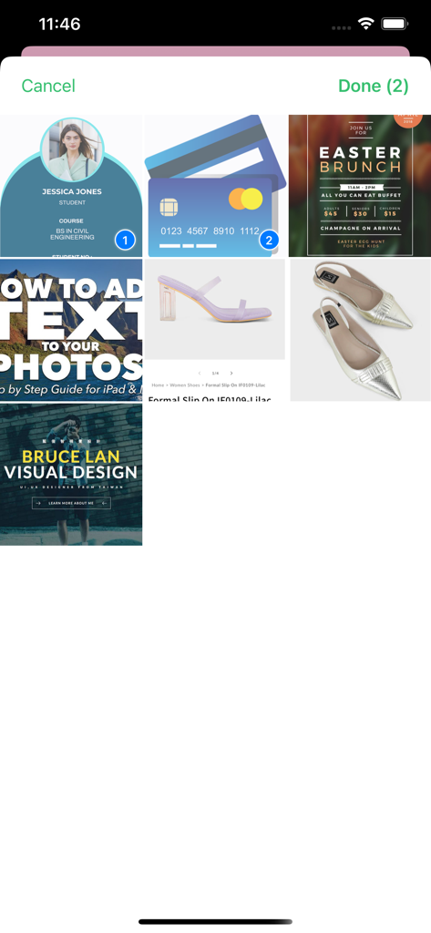 Genius PDF & Document Scanner - Interface of the Genius PDF Scanner app showing a grid of documents and photos with two items selected for processing.