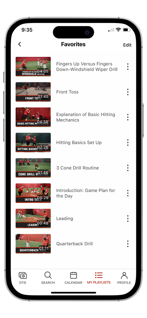 Dominate the Diamond app screen displaying a list of saved baseball and softball training drills including hitting mechanics and cone drills.