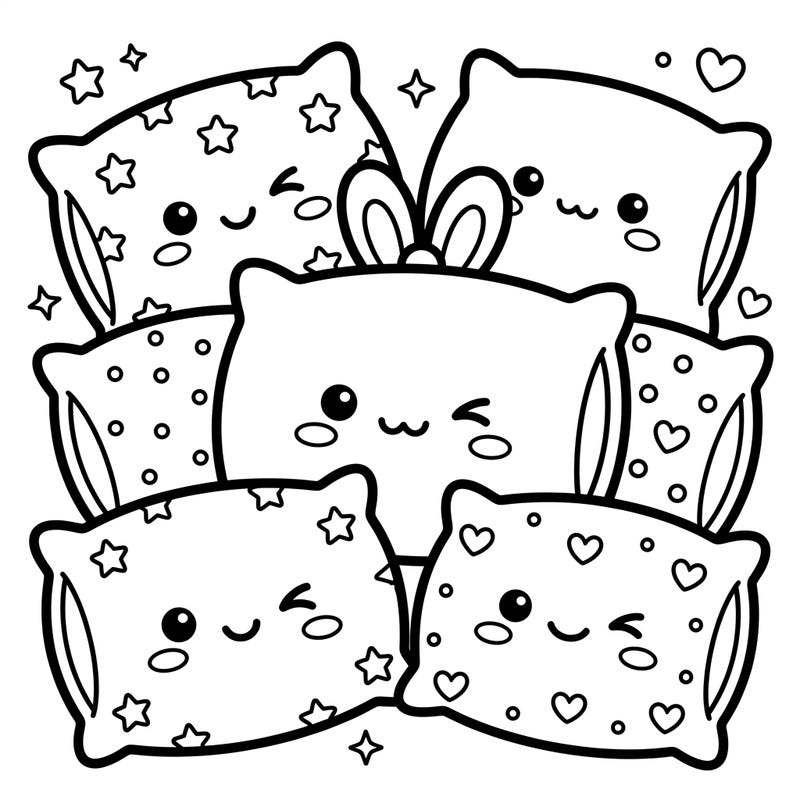 Get ready to smile with this super cute Kawaii Pillowcases coloring page, perfect for adding a touch of adorable charm to your day. Featuring a delightful pile of expressive pillows, this template is ideal for a relaxing and joyful coloring session.