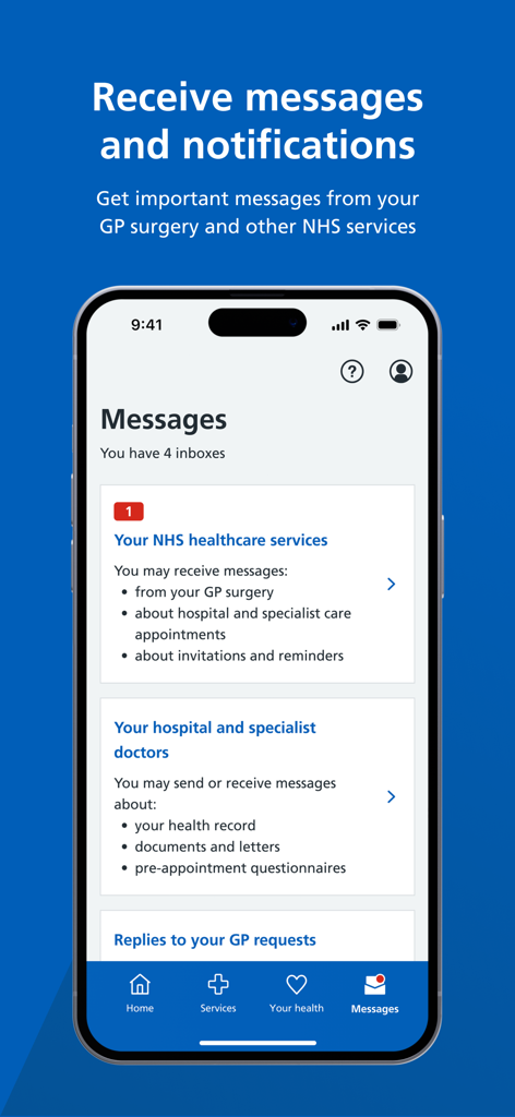 NHS App - Pantalla de la aplicación NHS para recibir mensajes y notificaciones de servicios de atención médica y médicos