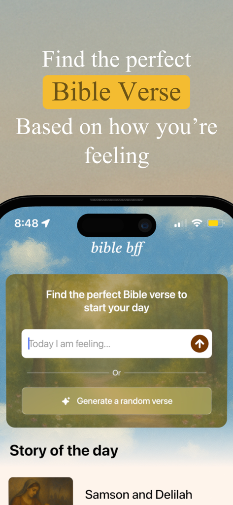 Bible Bff-Modern Bible Stories - Interface of the Bible BFF app featuring a search tool to find scripture based on user emotions and feelings.