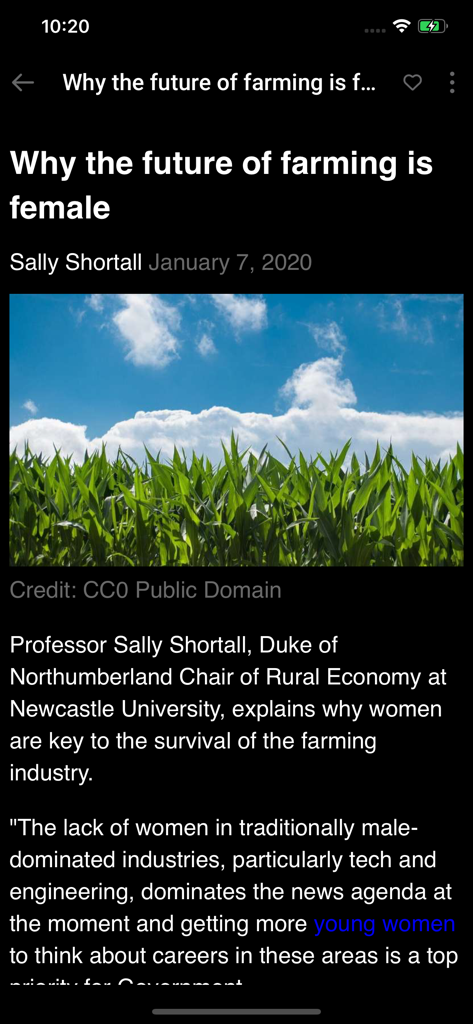 Phys.org mobile app interface showing a science news article about women in the farming industry