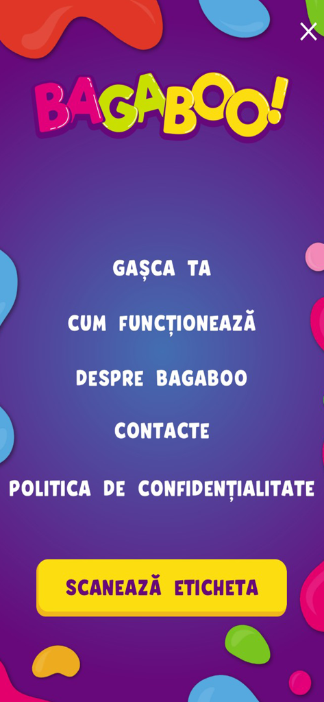Main menu of the BAGABOO app featuring a scan label button and colorful design