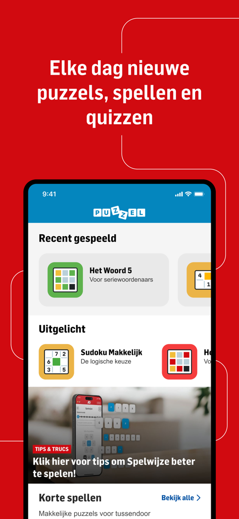 Interfaz de juegos y crucigramas de la aplicación Tubantia Nieuws con Sudoku y concursos diarios.