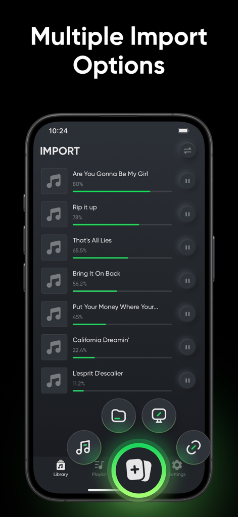 Offline Music Player - MP3, EQ - A smartphone screen displaying the import interface of the Offline Music Player app with several songs downloading and various source icons like folder and link