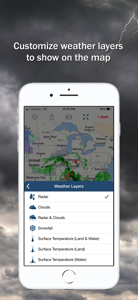 Storm Shield app interface showing customizable weather layers like radar and snowfall over a map of the United States