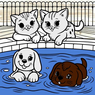two cats and two dog at the pool