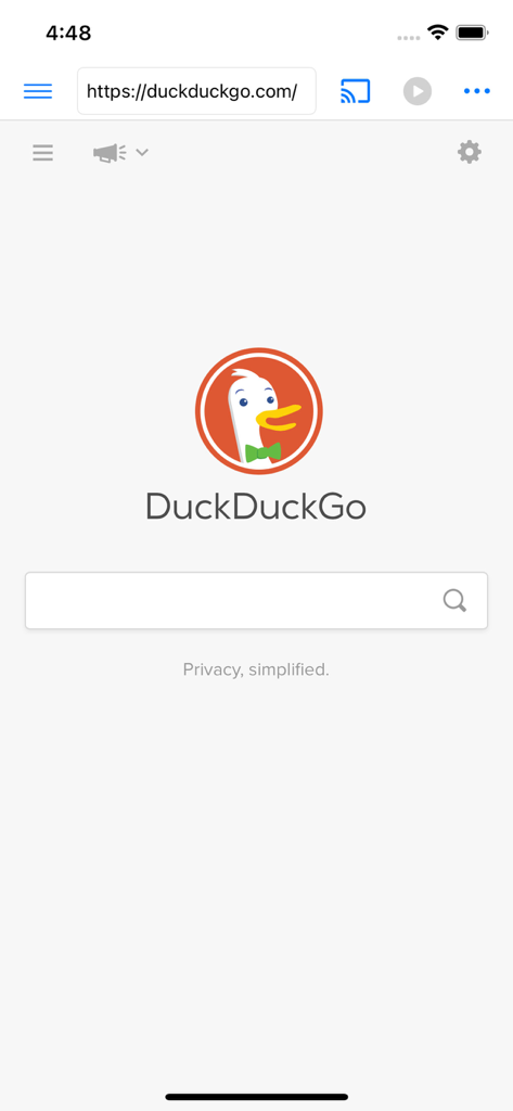 Integrated web browser in the Liftplay app showing the DuckDuckGo search engine homepage for finding video streams.
