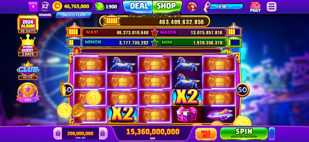 Jackpot Wild - Slots Casino - Jackpot Wild Slots carnival themed game screen with falling coins and big win display