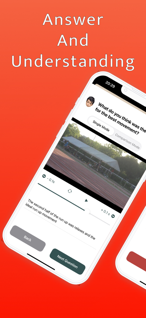 Trai Video/Sports Self-Review - Trai Videoアプリのインターフェース。アスリート向けの振り返り質問が表示された陸上競技のビデオレビュー。