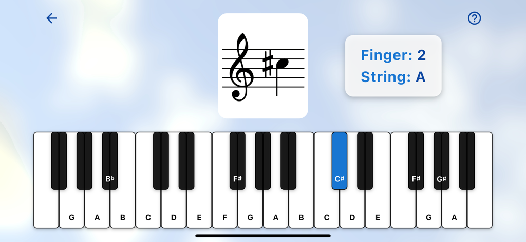 String Note Tutor - Una pantalla de la aplicación String Note Tutor que muestra cómo una nota de do sostenido en un pentagrama musical se relaciona con un teclado de piano y la posición de los dedos en un instrumento de cuerda.