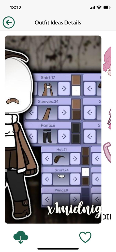 Funny Gacha : Outfit Ideas - Una pantalla detallada de ideas de atuendos en una aplicación Gacha que muestra opciones de personalización de personajes, incluyendo camisas, mangas, pantalones y accesorios.