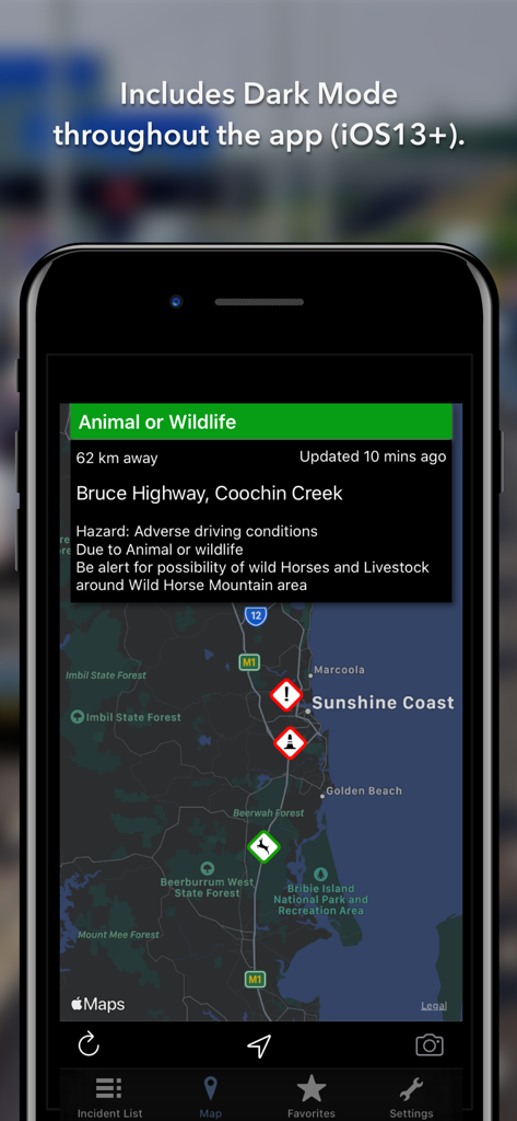 Queensland Roads app interface in dark mode showing a traffic incident alert on the map.