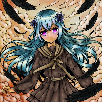 anime girl falling in sky with feathers and long hair