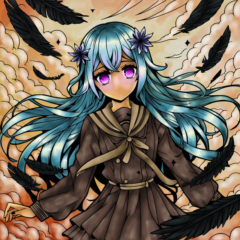 anime girl falling in sky with feathers and long hair