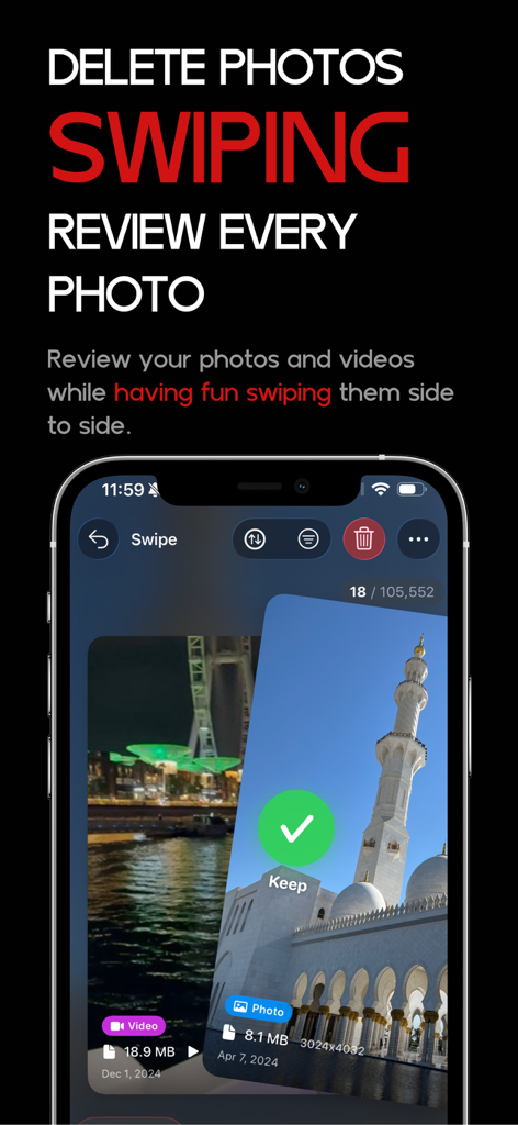 Video Compressor - HEVCut - A smartphone screen displaying the HEVCut app swipe interface for reviewing and deleting photos to save storage.