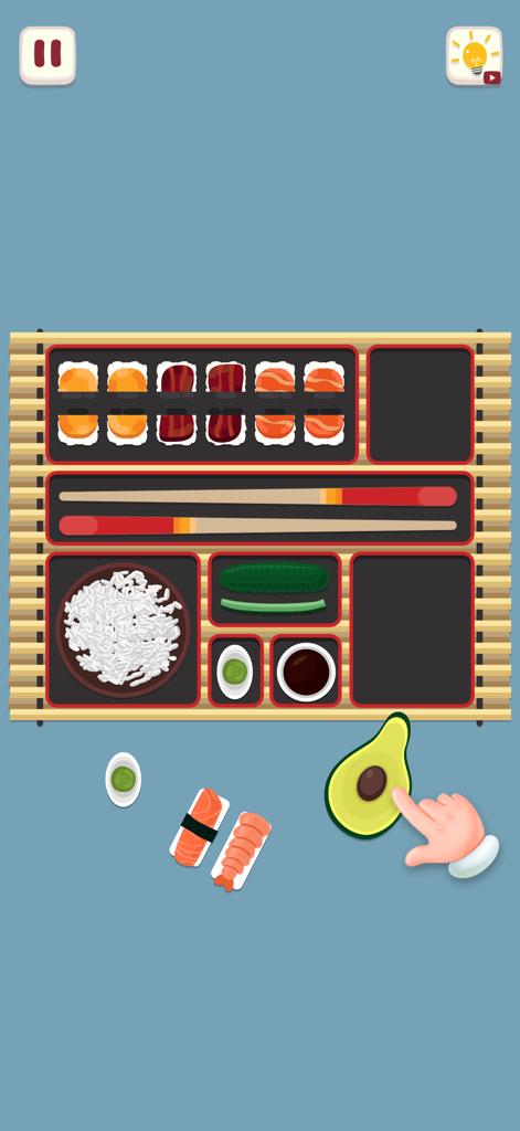Satisfying Organize Mini games - Uma tela de mini jogo mostrando uma mão organizando sushi e ingredientes em uma caixa bento em um tapete de bambu.