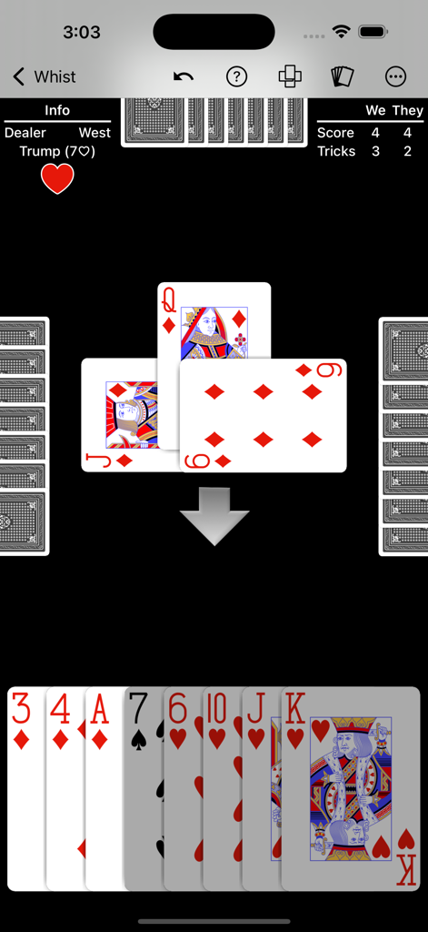 Whist - Expert AI - A game of Whist in progress showing cards played on the table and the players hand with heart trump suit